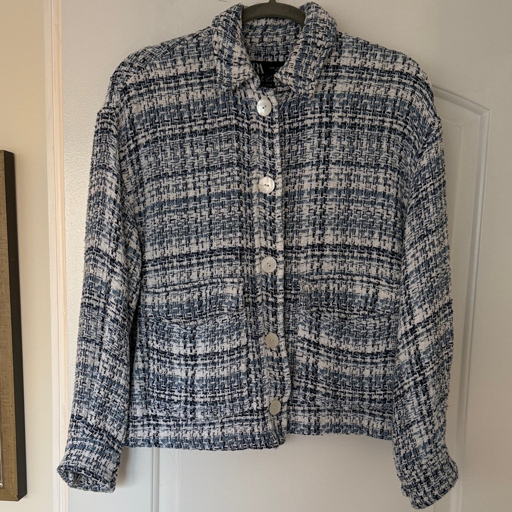 Zara Navy and White Tweed Blazer